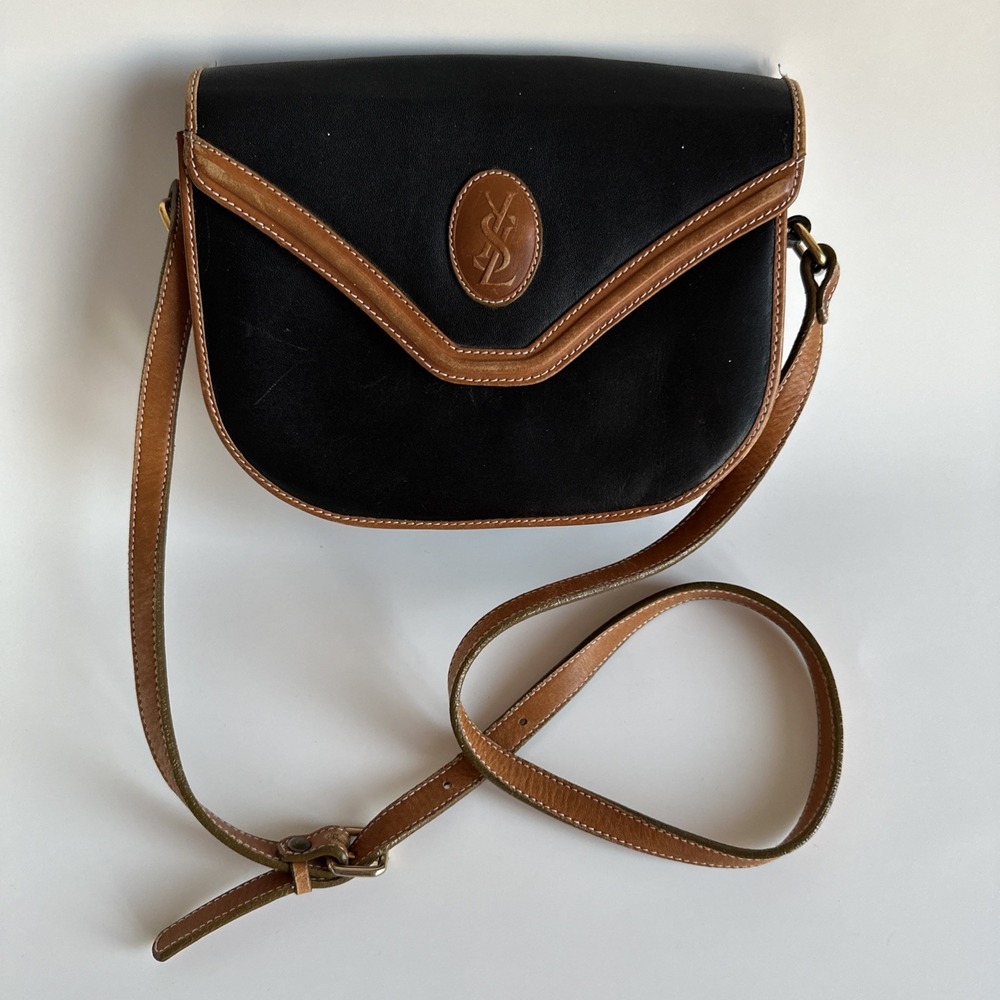 Saint Laurent Black and Brown Leather Trim Crossbody Bag